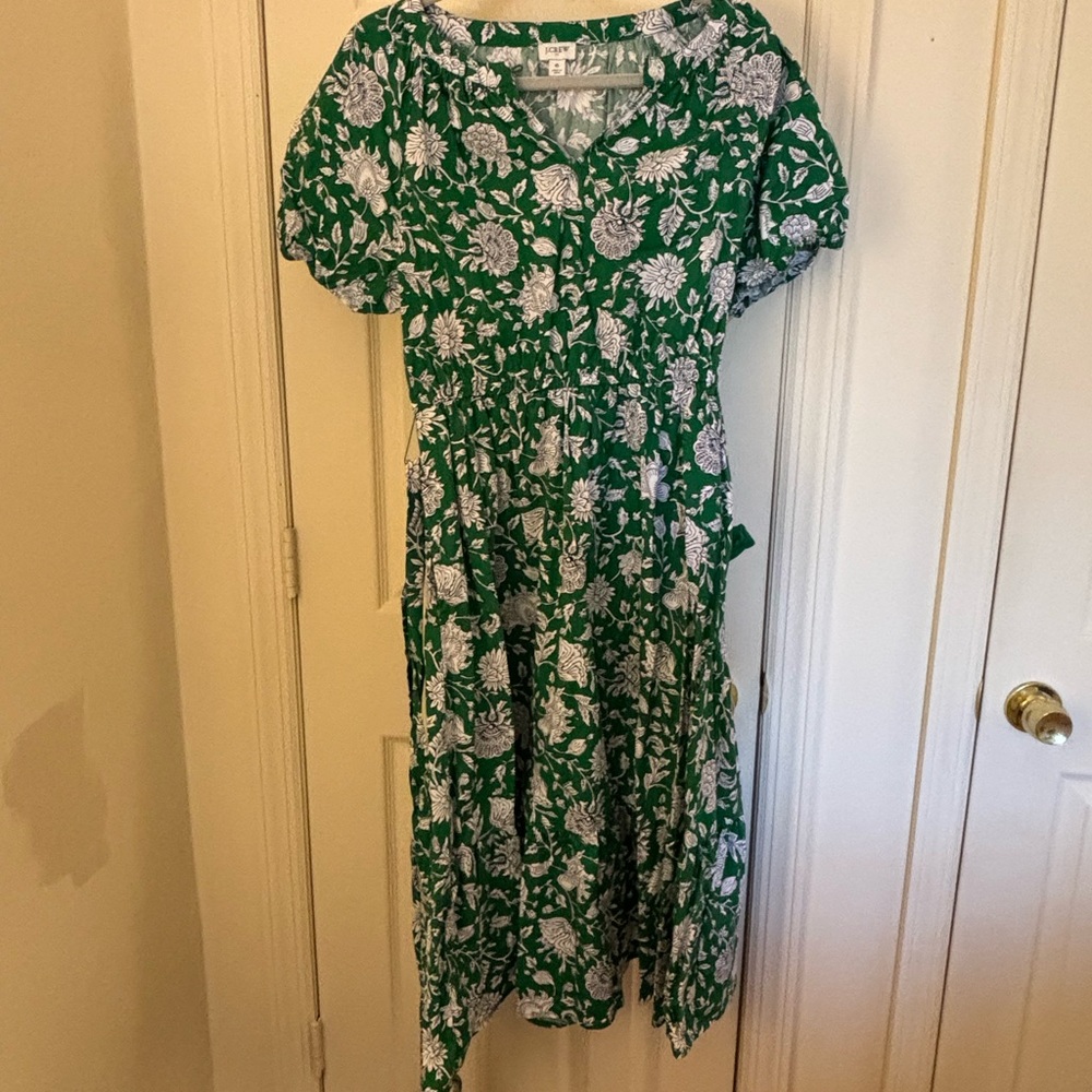 J. Crew Vibrant Green Dress with White Floral Design